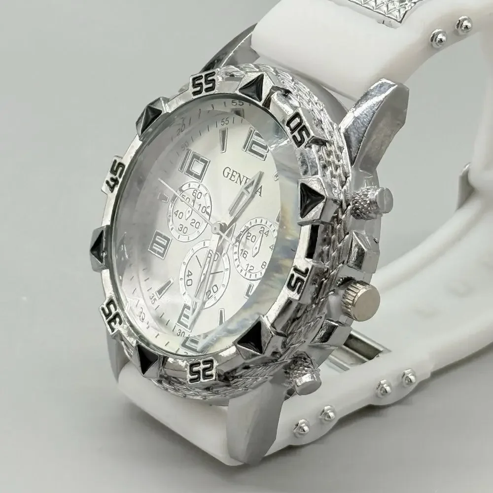 Geneva Mens Silver Tone Chronograph Style Watch White Silicone Sport Band